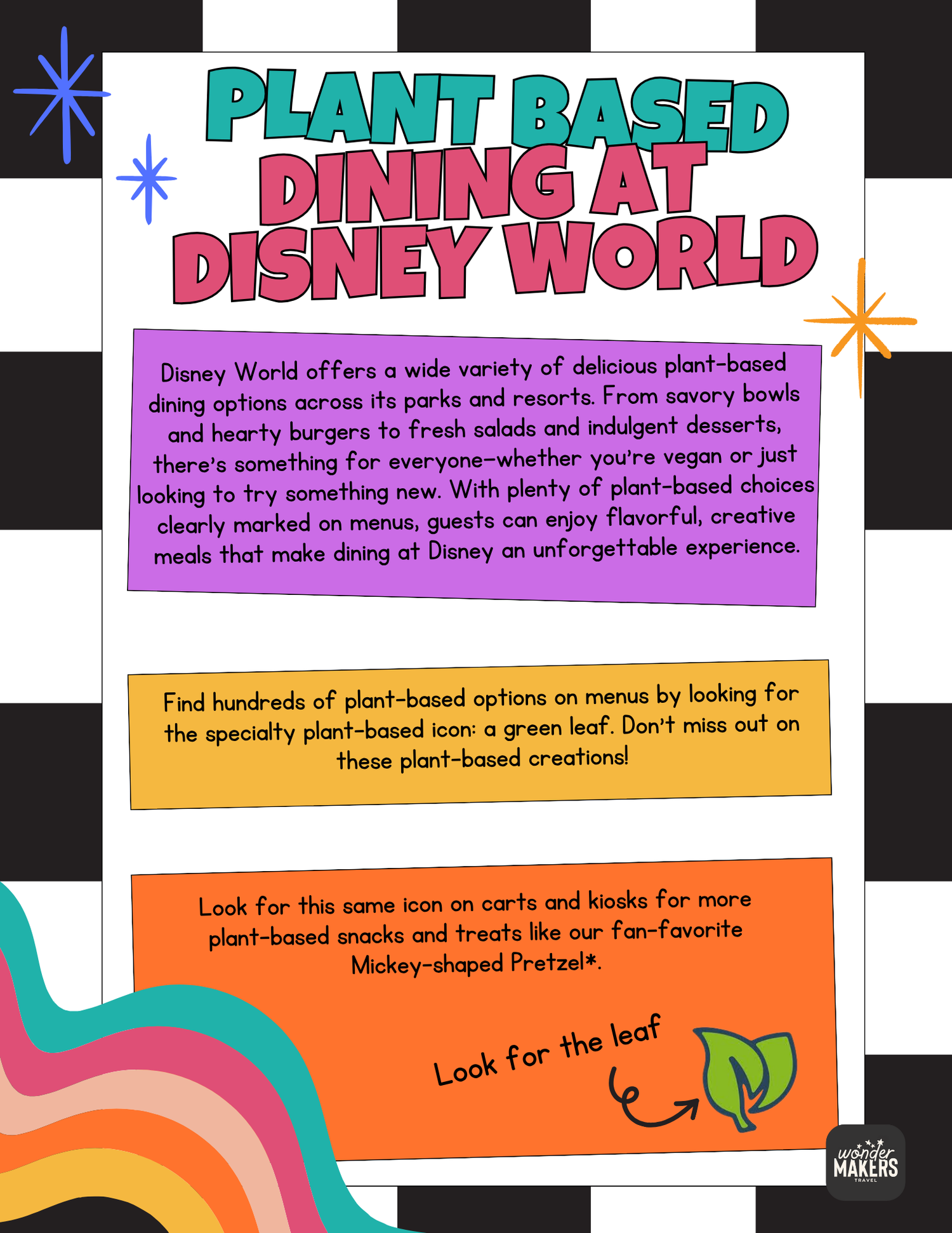 Informational guide showing plant-based dining options at Disney World with green leaf icons.