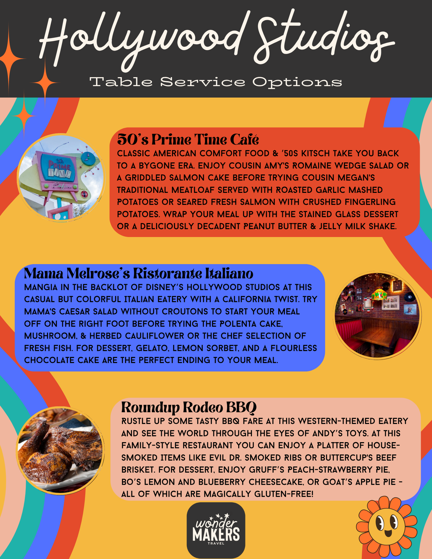 Hollywood Studios table service dining menu featuring 50's Prime Time Cafe and Mama Melrose's options.