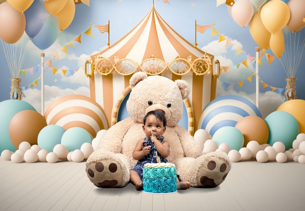 Teddy bears and colorful balloons create a dreamy children's party setup with soft pastel colors and white decorations.