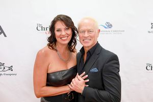Three similar red carpet photos showing a couple posing together at a formal event.