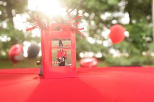A wedding party stands on a red carpet providing a pop of bright color against a green outdoor backdrop.