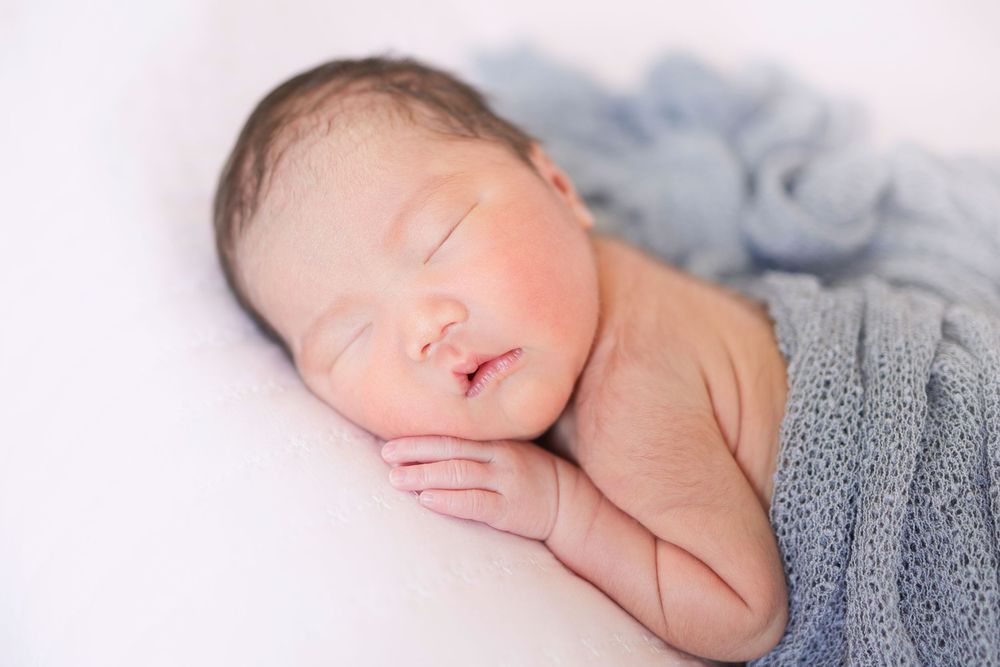 Peaceful sleeping newborn wrapped in soft gray blanket resting on white background during professional photo session.