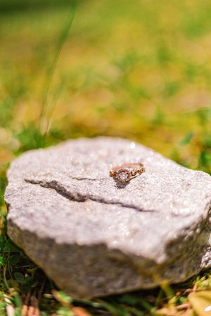 Two gold wedding rings sit atop a light gray stone against a soft blurred green and yellow background.