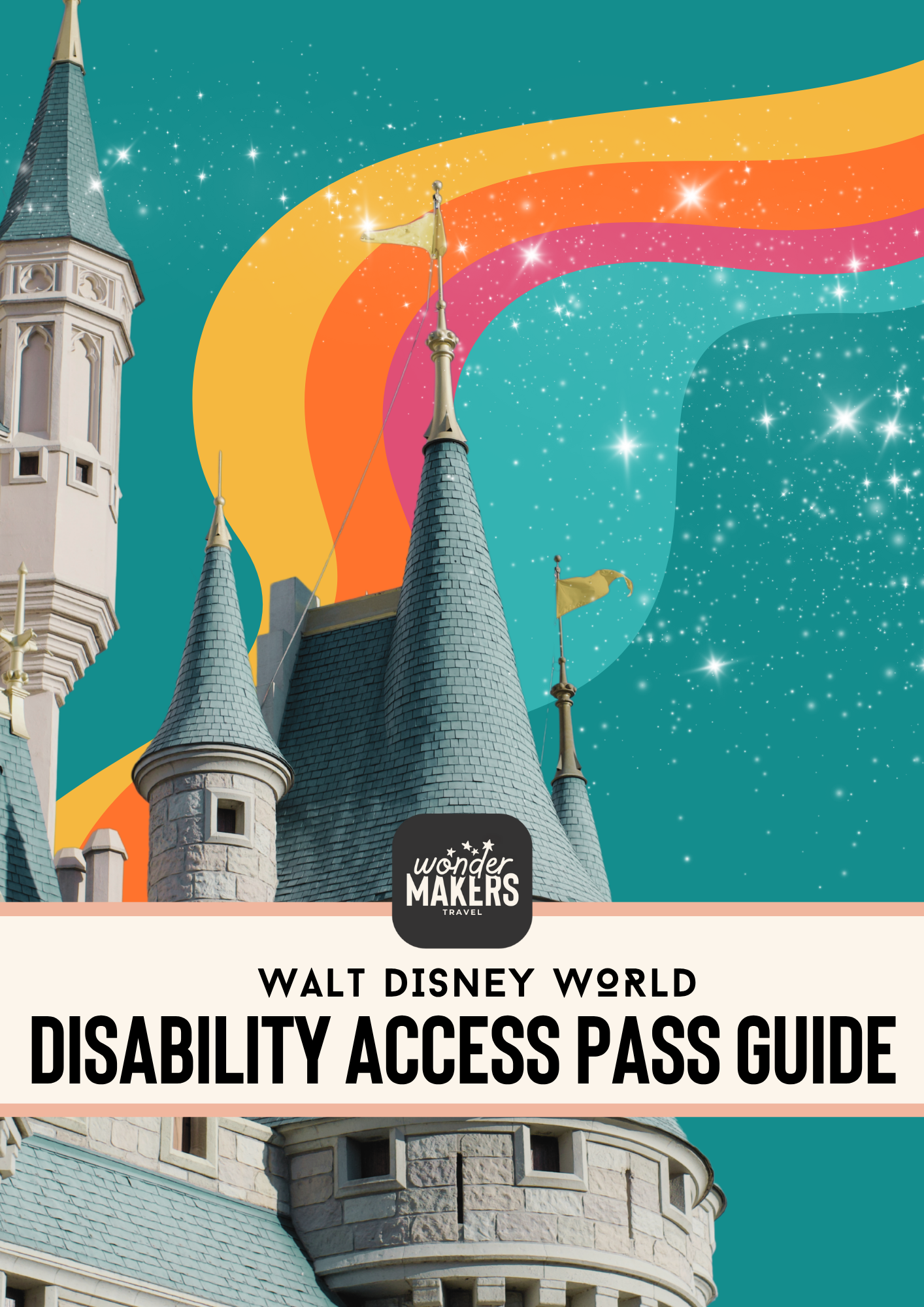 A stylized illustration of Disney World castle spires against a teal background with rainbow accents.