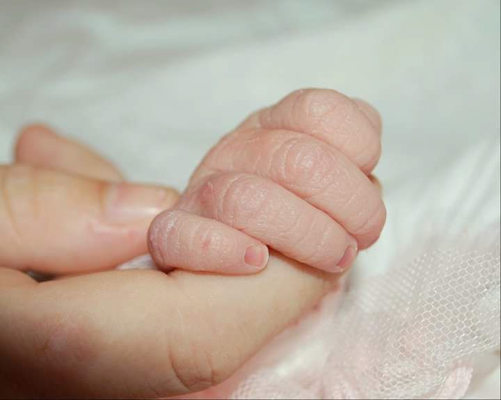 A tiny newborn baby's hand rests gently on top of an adult's palm against soft pink fabric.