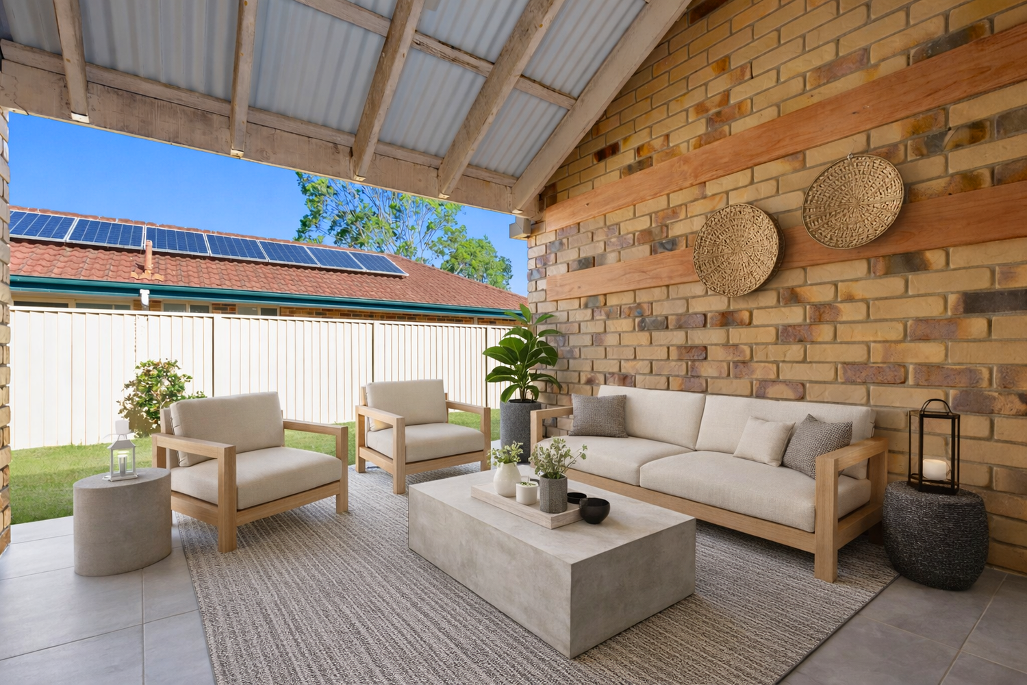 Stylish outdoor patio with timber-framed sofa set, concrete coffee table, and brick wall under a pergola roof.