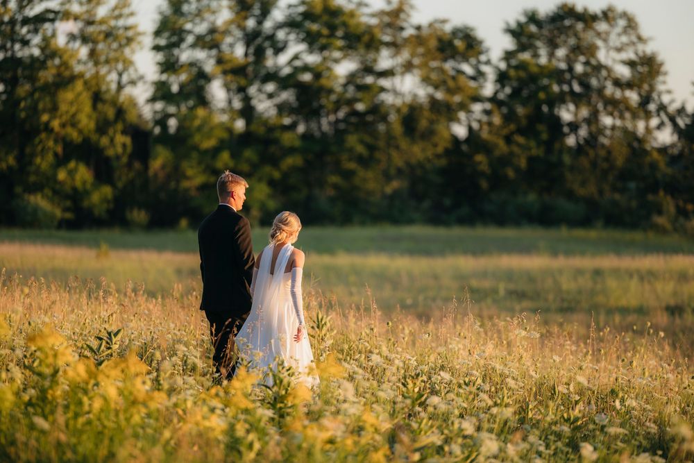Silhouettes of a couple walking through a golden field during sunset with trees in the background.