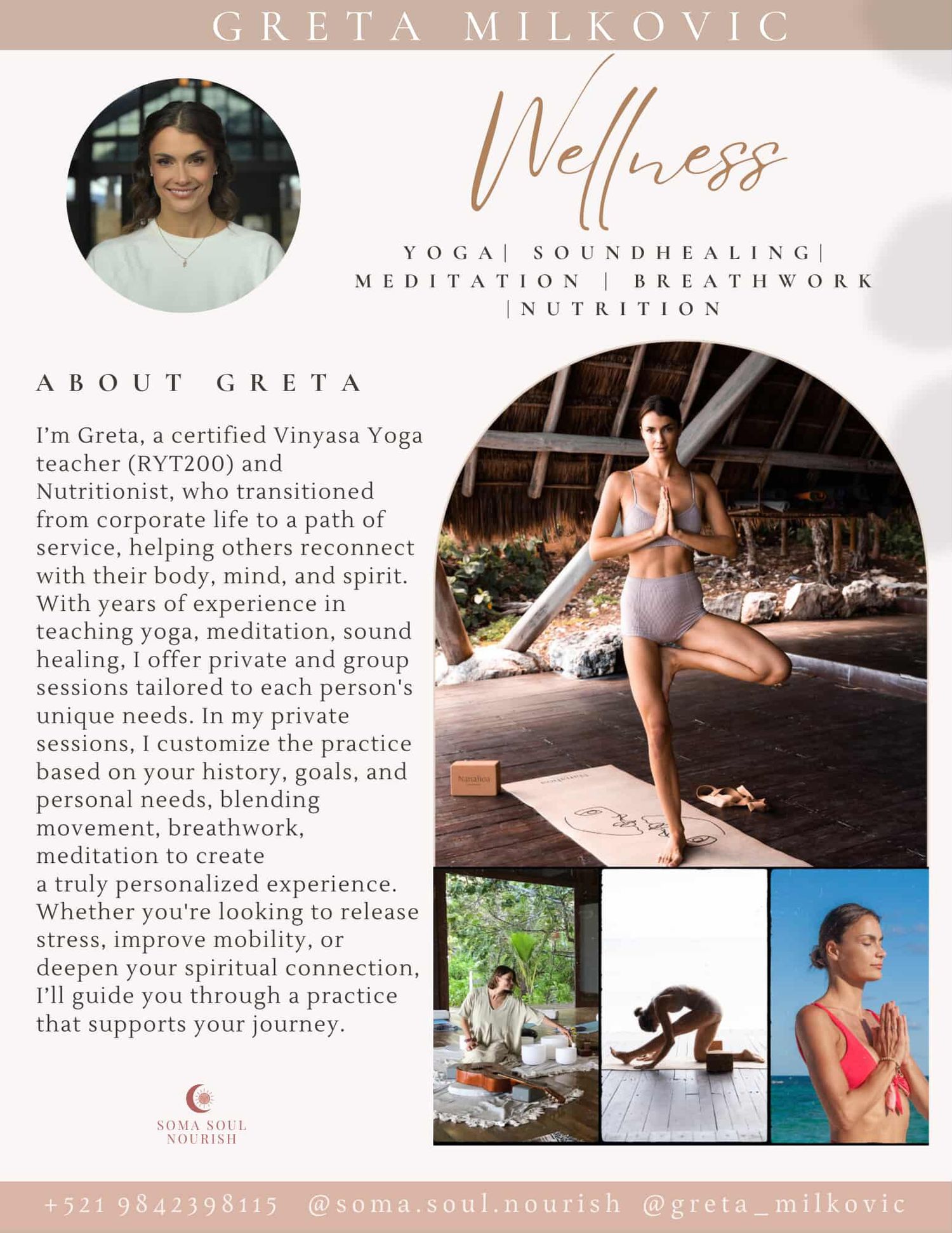 Wellness and yoga website template featuring profile photo, meditation pose, and fitness activities in pink tones.