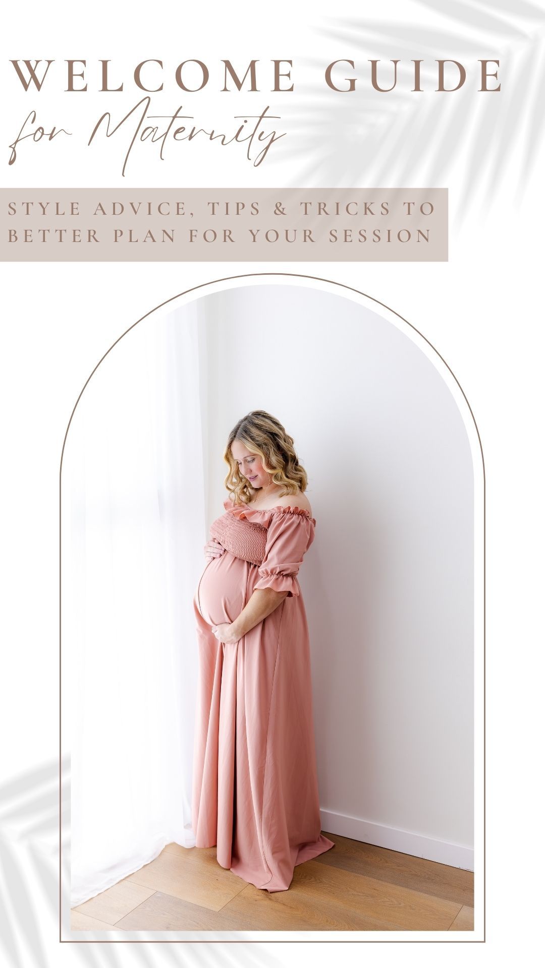 A maternity photography welcome guide features three soft pink images showing poses and styling tips for photo sessions.