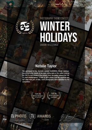 Dark collage of photography awards website interface showing winter themed contest sections and gallery layouts.