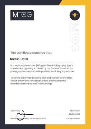 Professional photography certificate template with yellow accents and signature fields on a dark background.