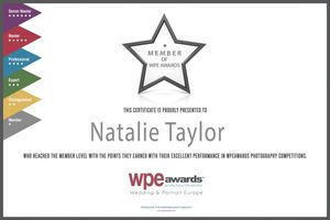 A white certificate with a silver star logo and red WPE awards text displays professional recognition.