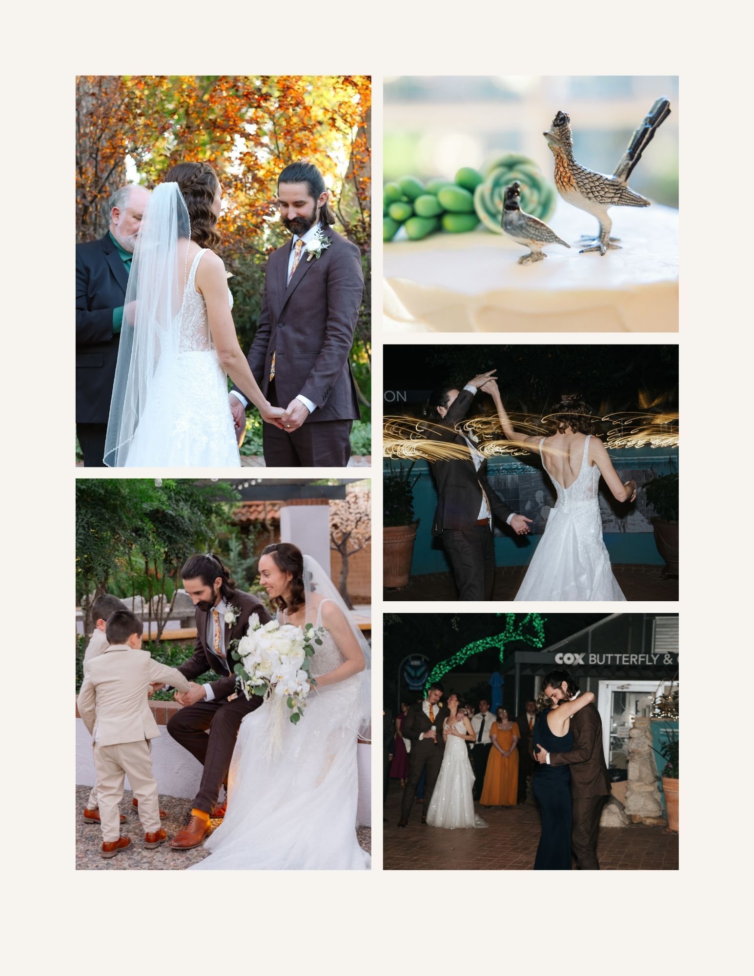 A collection of wedding celebration photos showing dancing, ceremonies, and outdoor moments at a romantic venue.