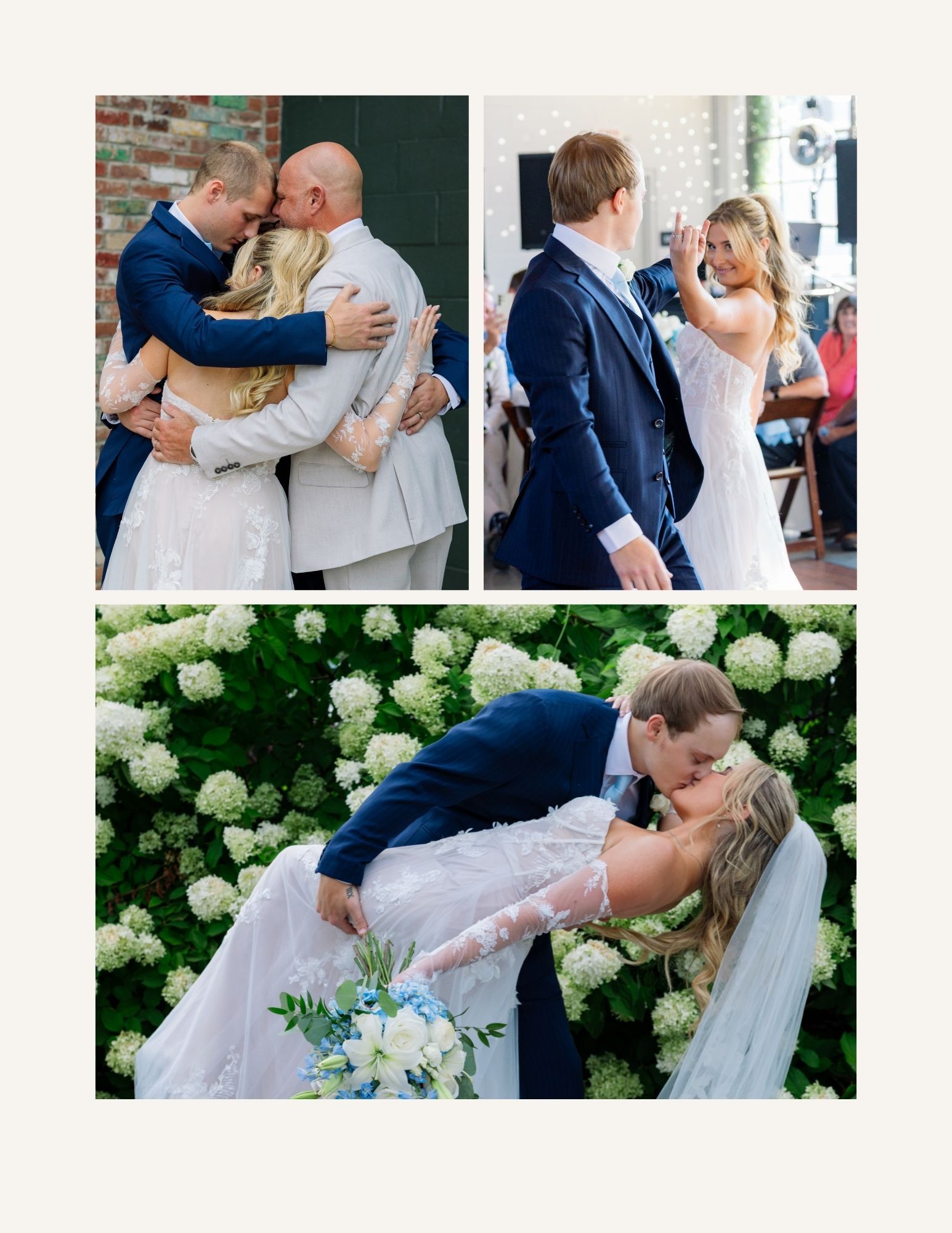 Romantic wedding photo collage showing intimate moments between newlyweds with white hydrangea floral decorations.