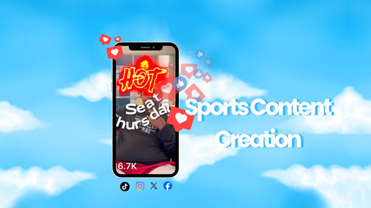 Sports content creation app interface with social media icons on blue background.