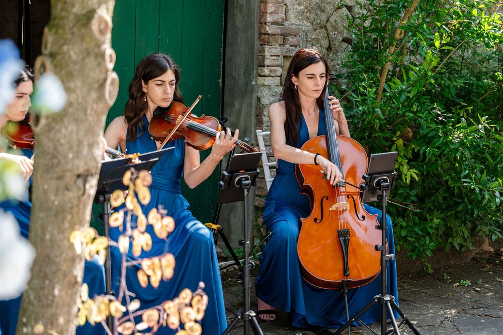 Musicians perform with string instruments in an outdoor garden setting.