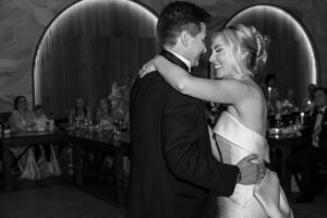 A series of black and white wedding dance photos showing romantic moments on the dance floor.