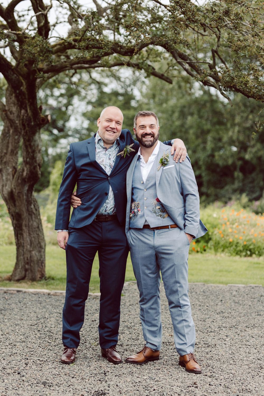 Three wedding photos showing people in formal attire posing together on a gravel path with trees in the background.