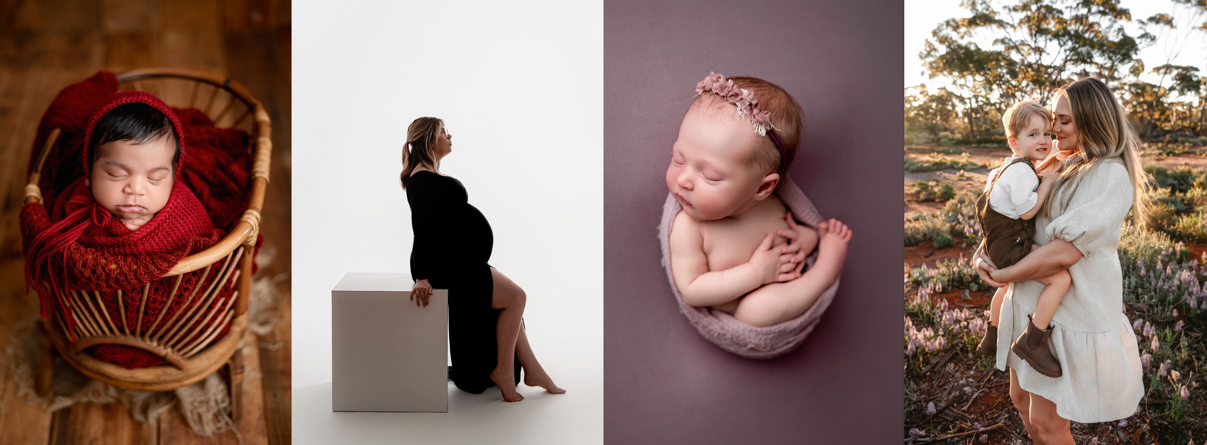 A collage of intimate family moments showing newborns and parents in tender embraces and interactions.