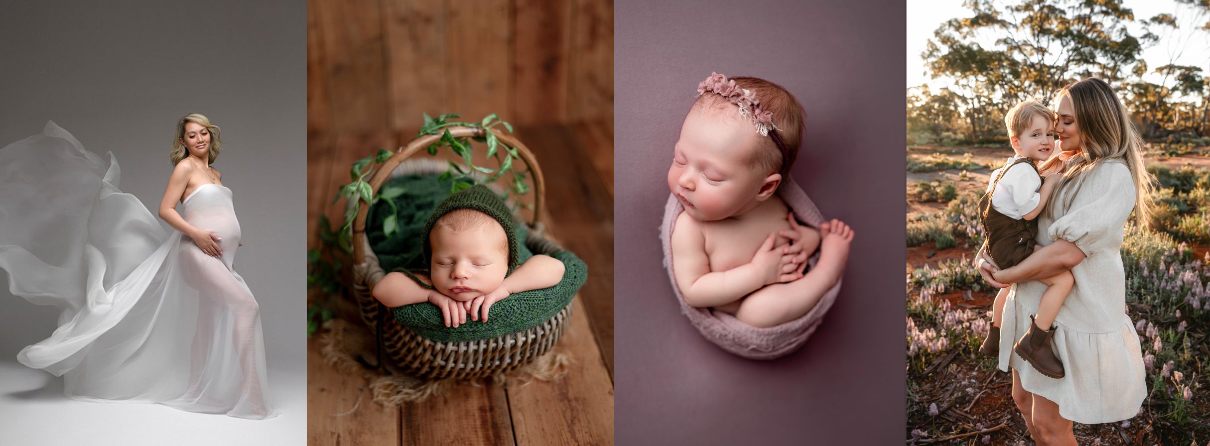 A collage of intimate family moments showing newborns and parents in tender embraces and interactions.