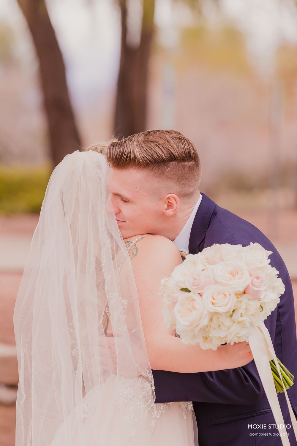 A series of romantic wedding photos showing the couple sharing a kiss while the bride holds a bouquet of blush roses.
