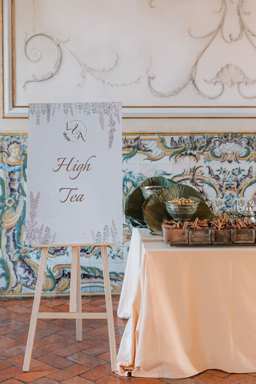 Elegant high tea setup with spices and dried flowers at Palácio do Correio-Mor wedding in Portugal, captured by lisbon wedding photographer