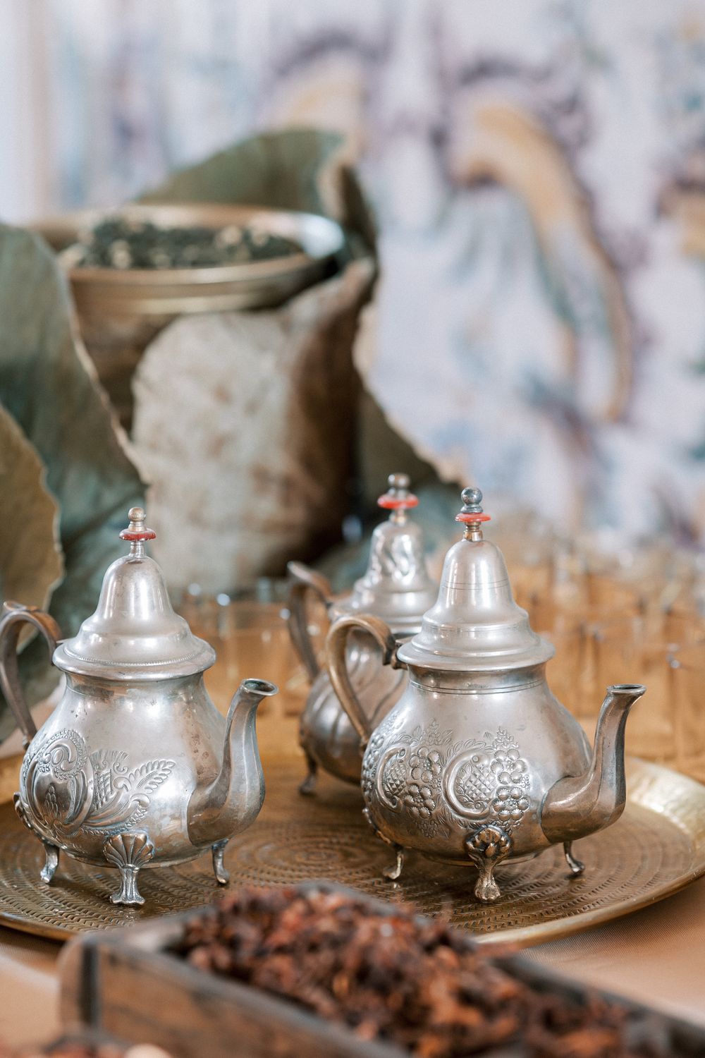 Elegant high tea setup with spices and dried flowers at Palácio do Correio-Mor wedding in Portugal