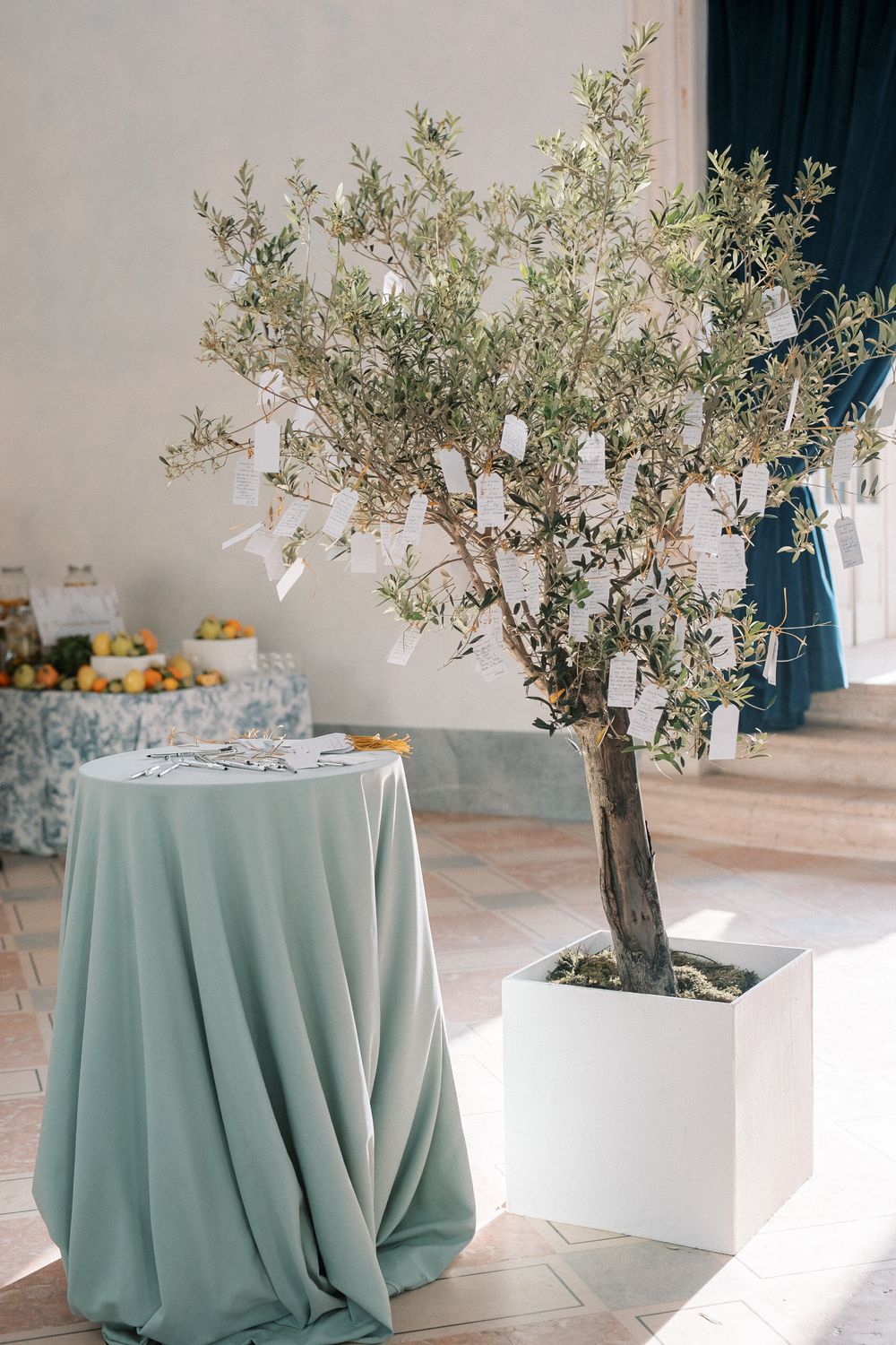 Olive tree with newly-wed wishes at luxury Portugal wedding reception