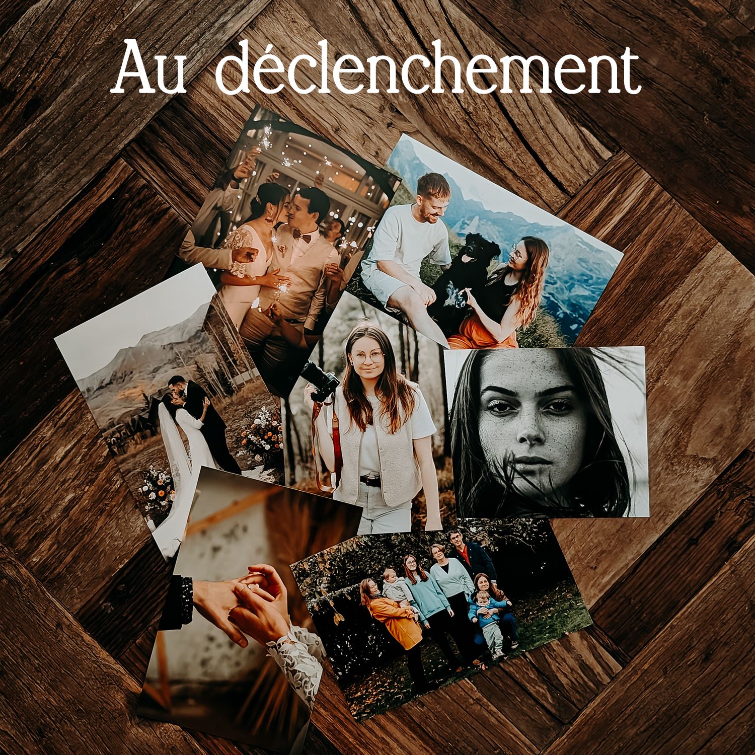 Black and white and color photographs scattered on a wooden floor, showing various lifestyle and personal moments.