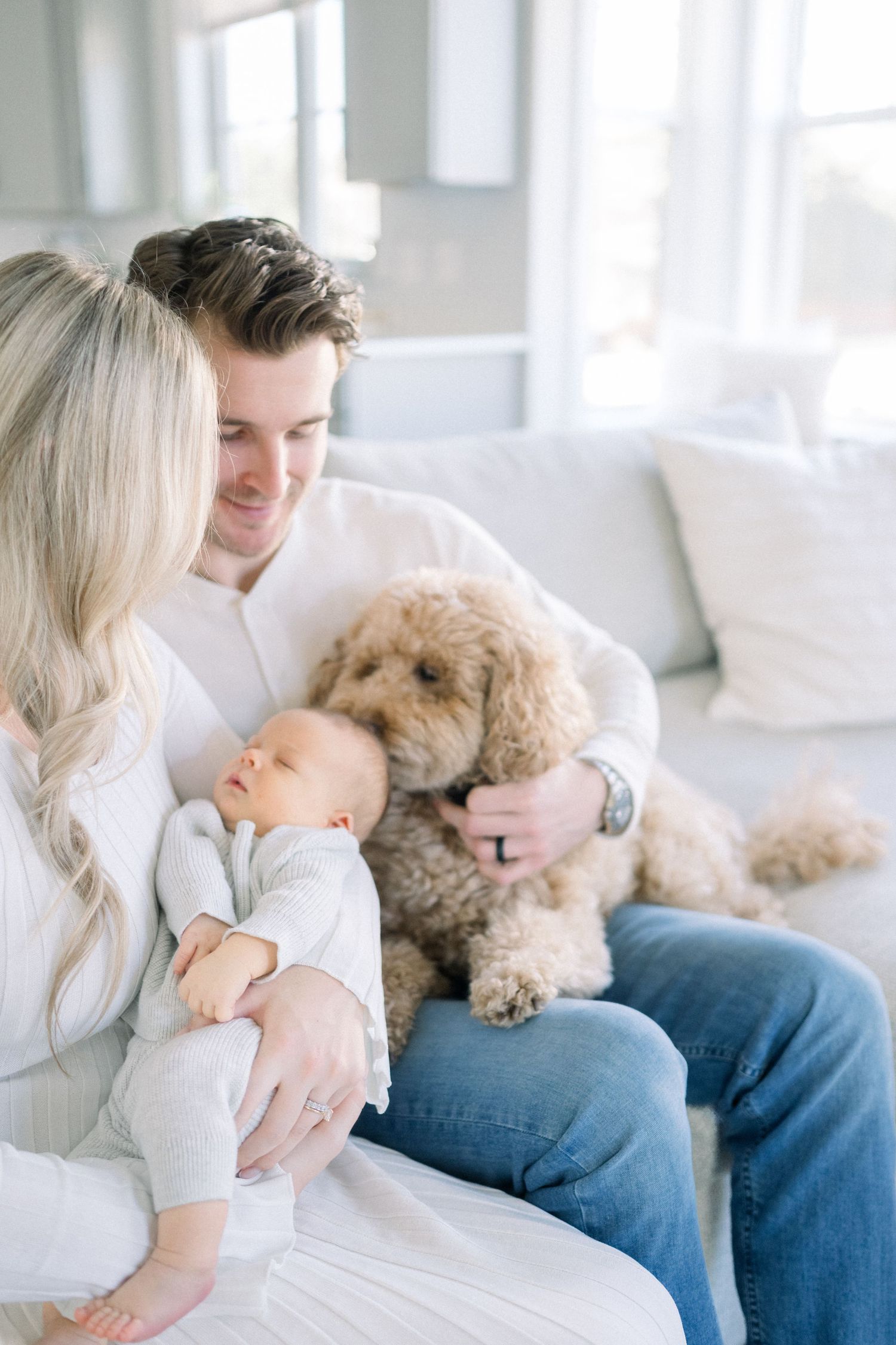 a cozy family with a goldendoodle dog and baby in casual home setting taken by Arlington Virginia Newborn Photographer