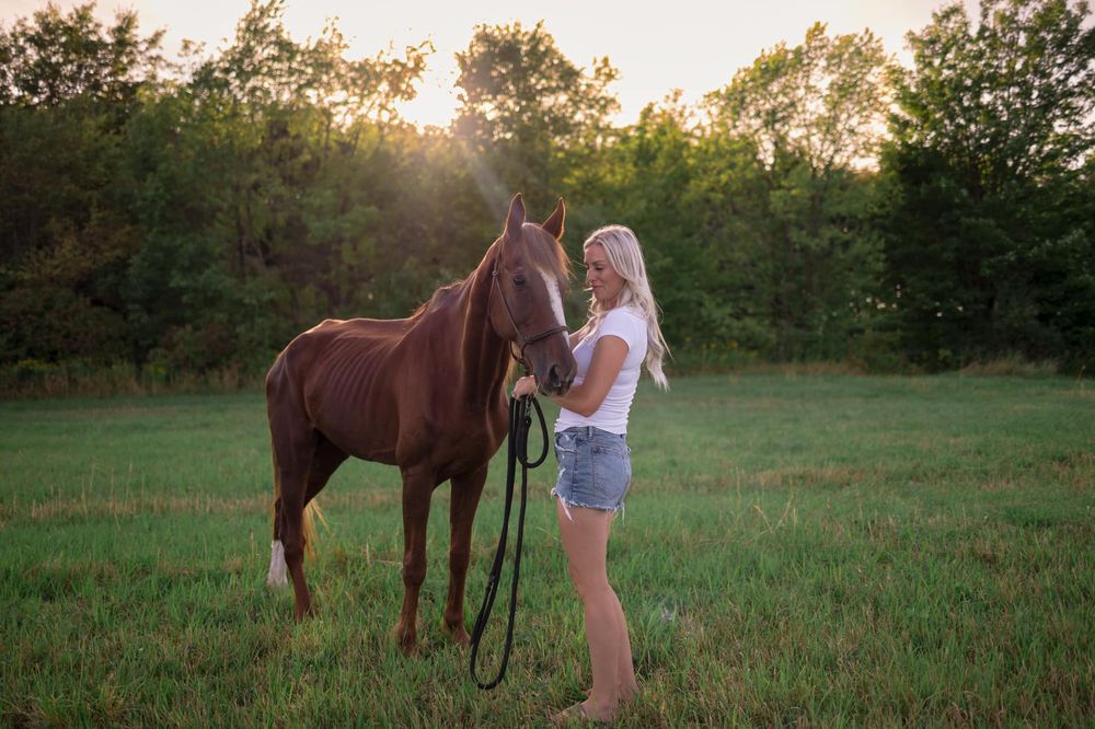 Woman in casual attire standing with brown horse in sunlit field at sunset.