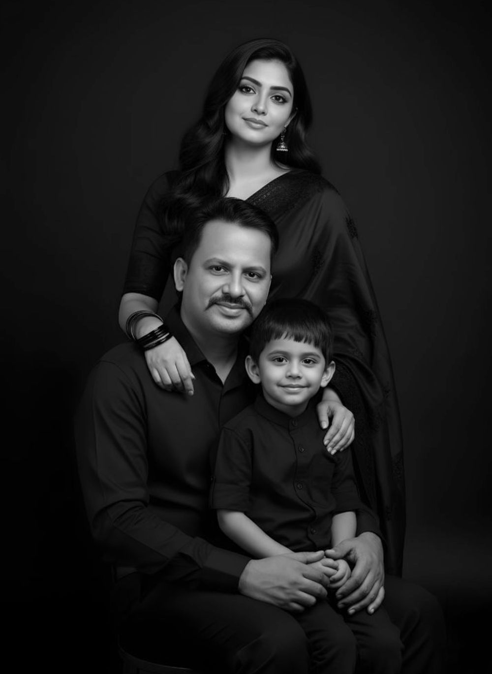 A black and white family portrait series showing intimate poses and expressions against a dark background.