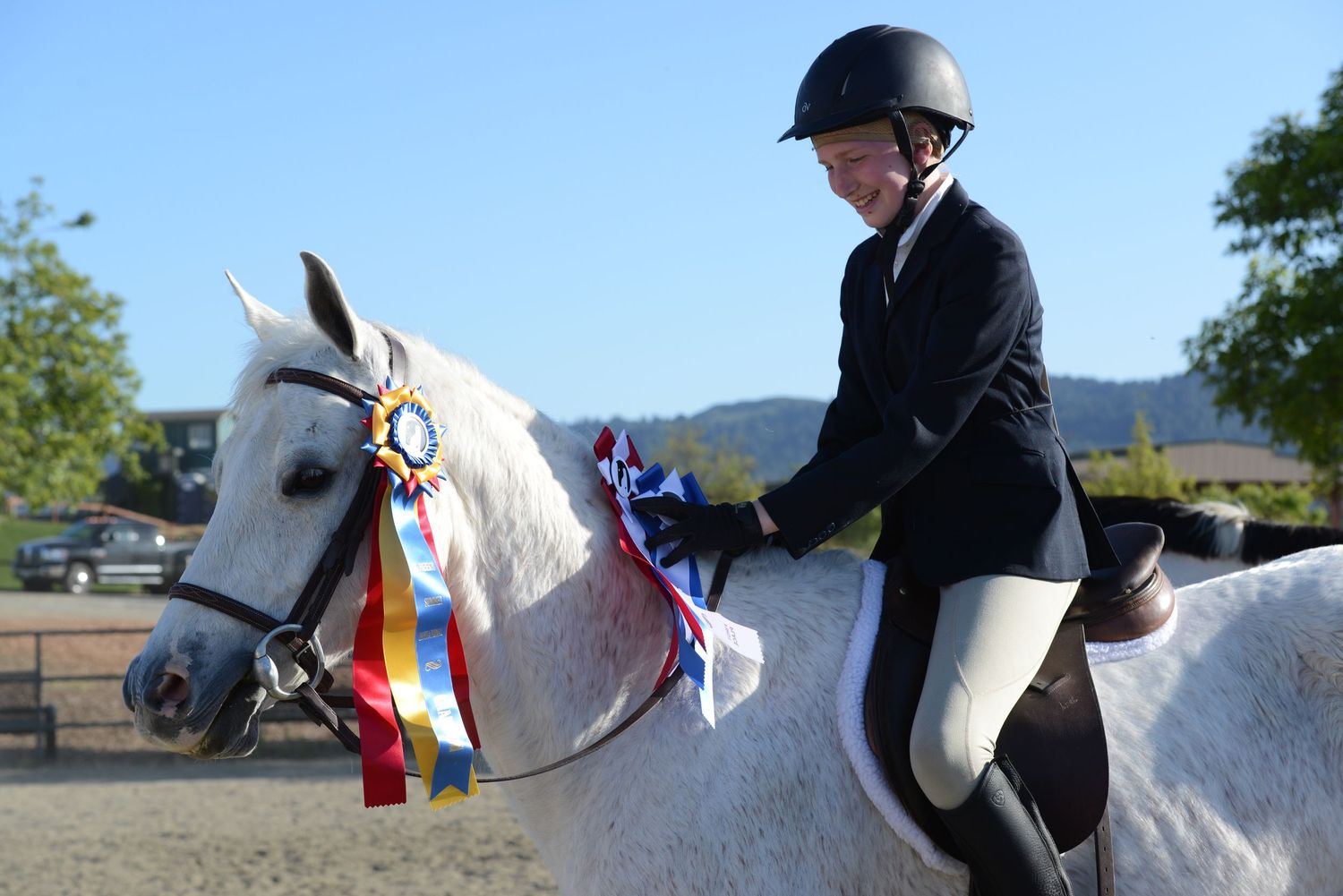 Equestrian rider on white horse during daytime training session with mountain backdrop.