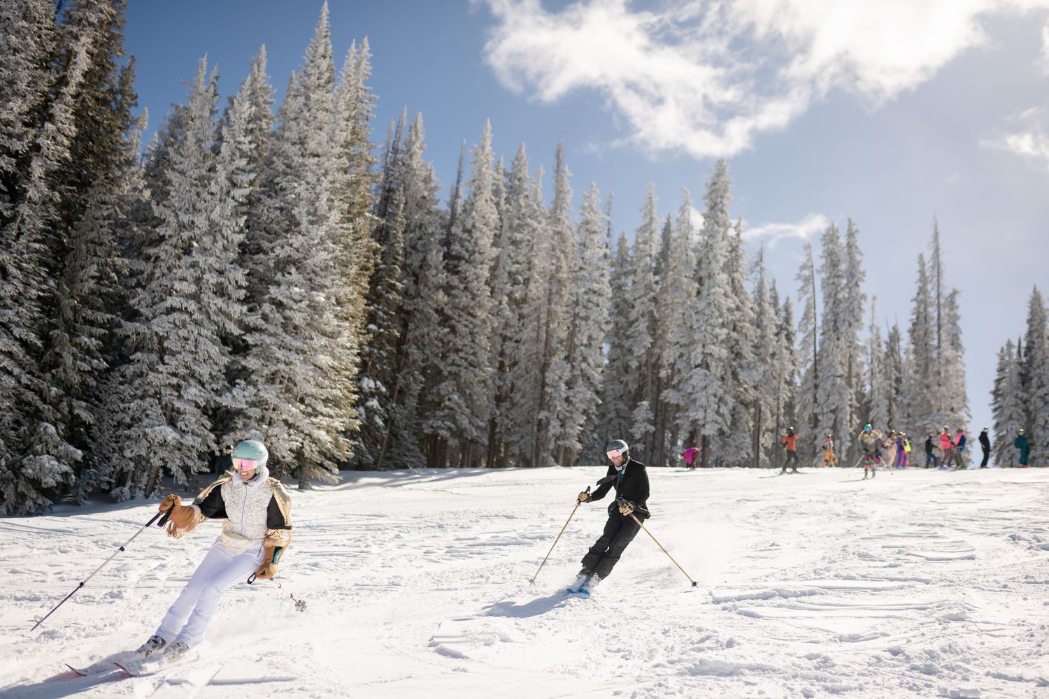 Snow-covered ski slopes with bride and groom skiing under evergreen trees lining the runs under blue winter skies in Vail.