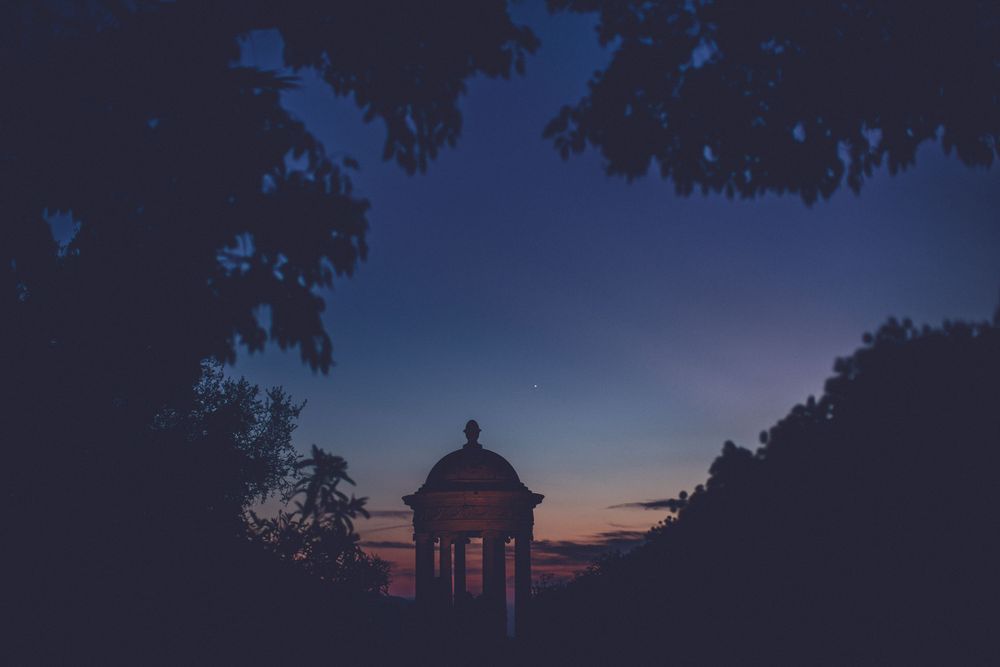 Son Marroig marble temple at sunset overlooking the Mediterranean in Mallorca