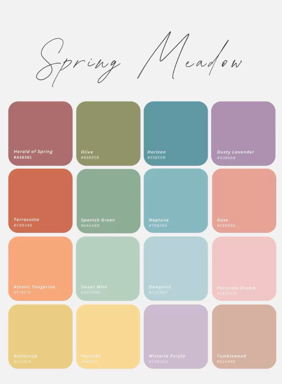 A spring-themed color palette featuring muted pastels including mauve, sage green, dusty blue, lavender, and peachy tones.