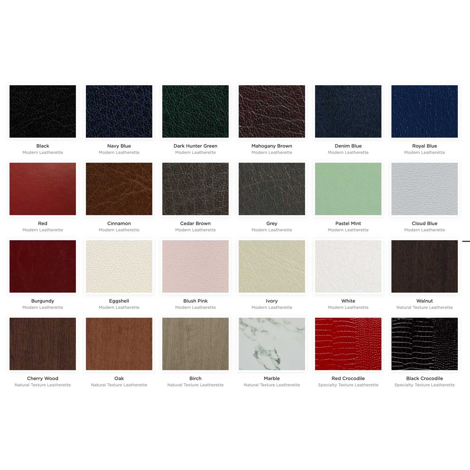 A color swatch palette showing various leather and fabric material samples in shades of brown, black, red and blue.