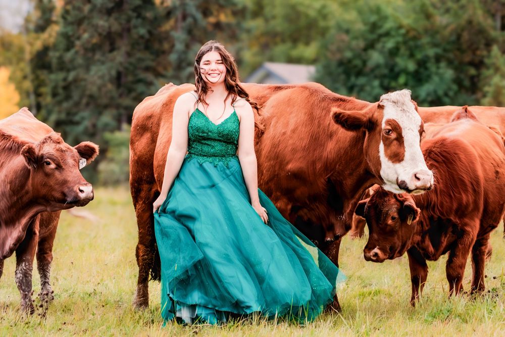 A person in a flowing emerald green dress stands gracefully in a field with brown cows grazing nearby.
