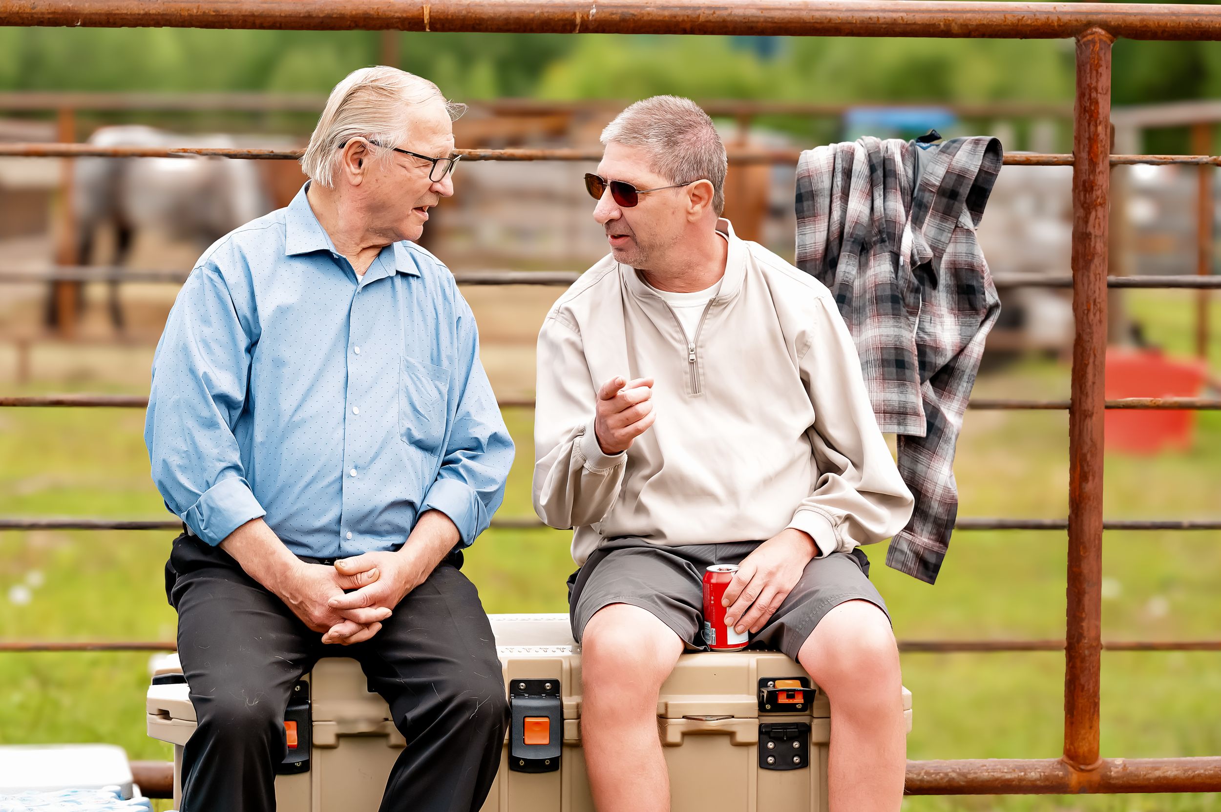 Two seniors sitting on a bench in a park having an animated conversation on a sunny day.