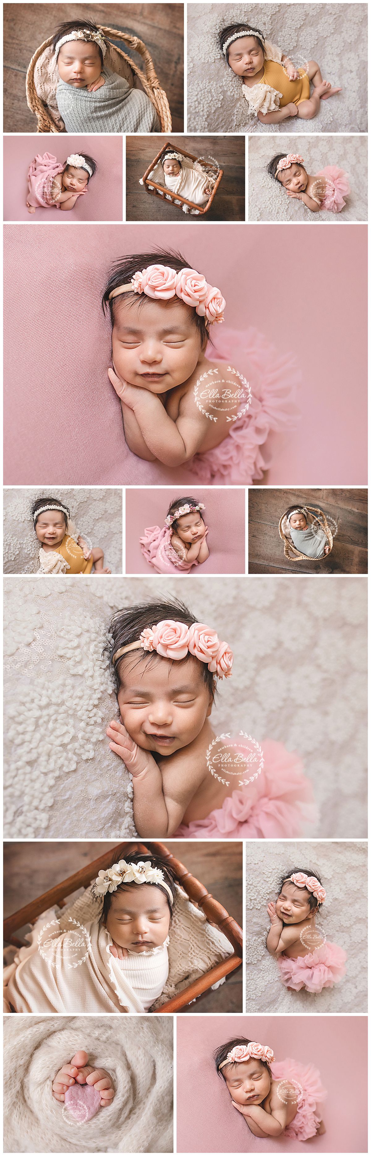 Newborn photography collage featuring soft pink and beige tones with delicate floral headbands and tulle accessories.