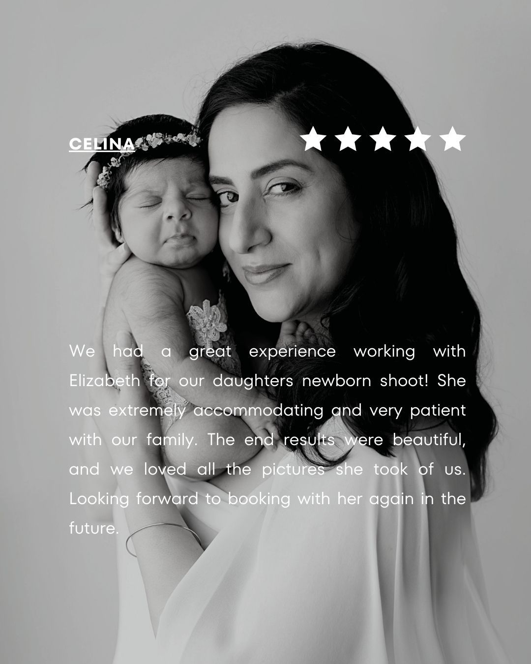 A series of black and white professional photography studio portraits with client review text overlay. Elizabeth Lang Photography Surrey