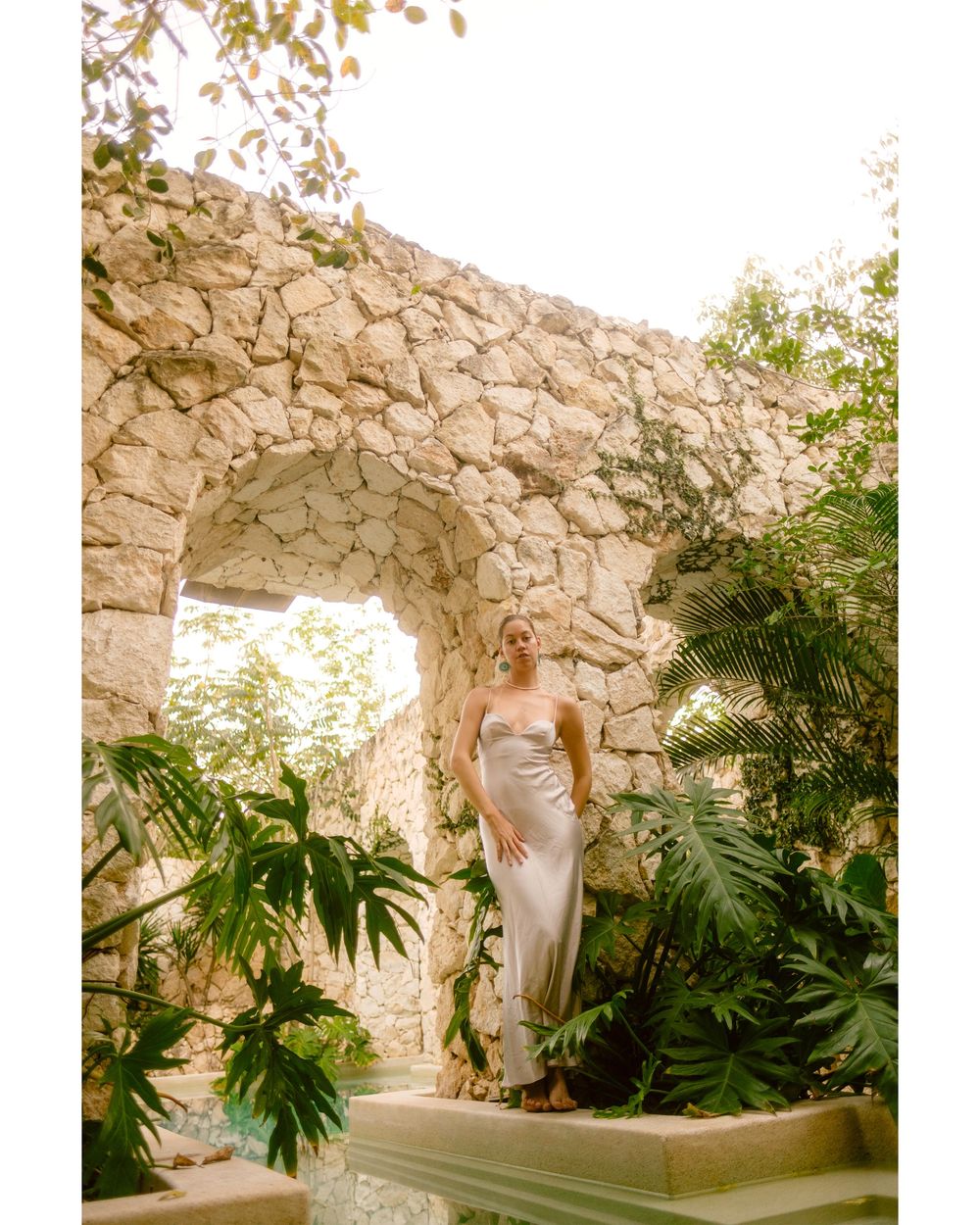 Stone archway entrance leads to a lush indoor garden with tropical plants and natural lighting.