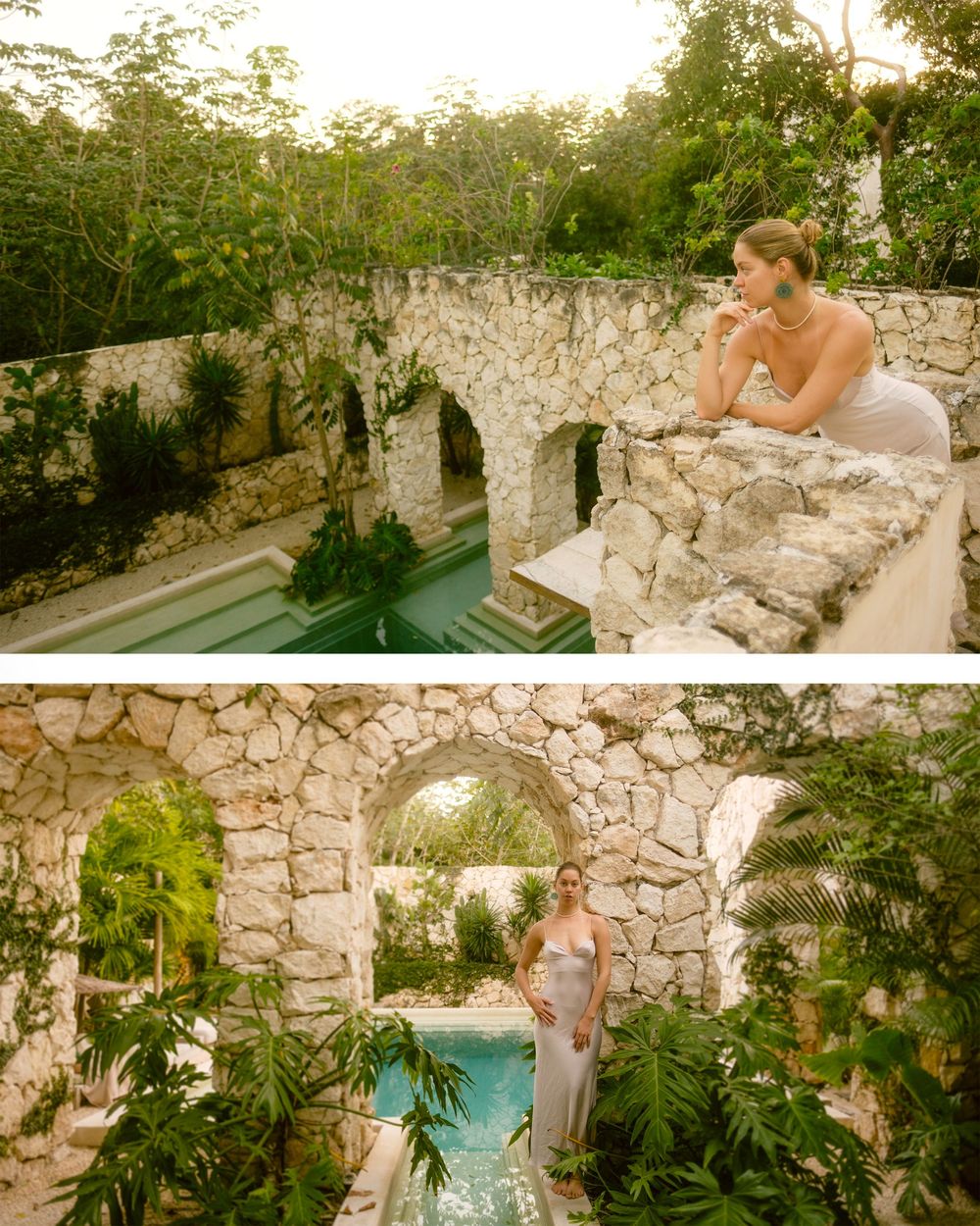 Romantic outdoor garden setting with stone walls, lush greenery, and a serene swimming pool in a historic venue.