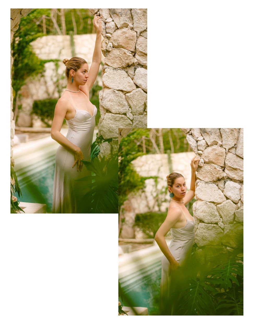 Elegant bridal portrait in a strapless gown against a rustic stone wall with lush greenery in soft natural lighting.