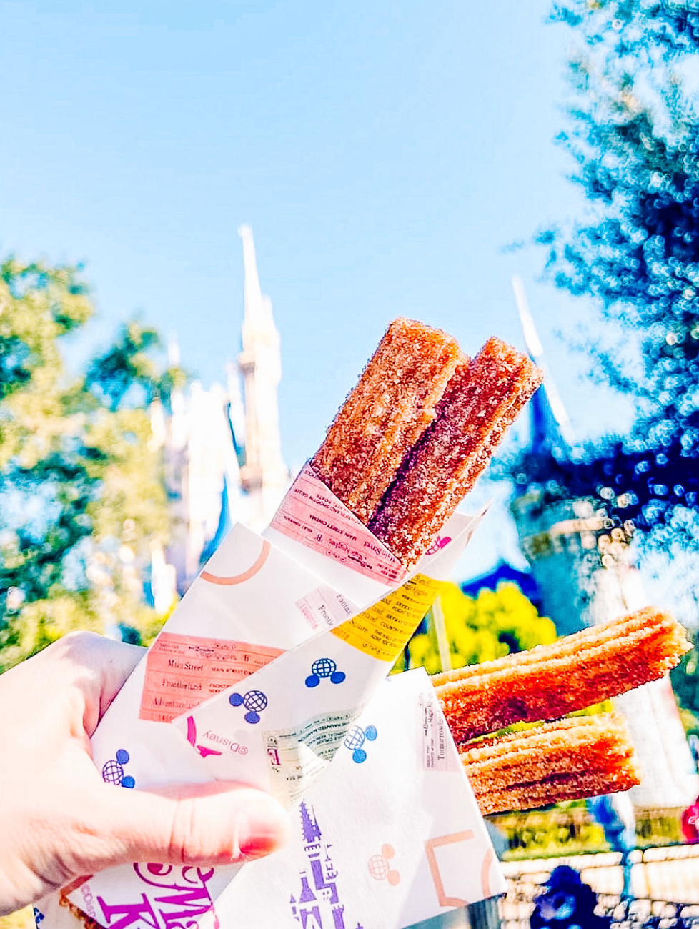 Colorful churros being held up against a bright blue sky at a Disney theme park with castle spires in the background.
