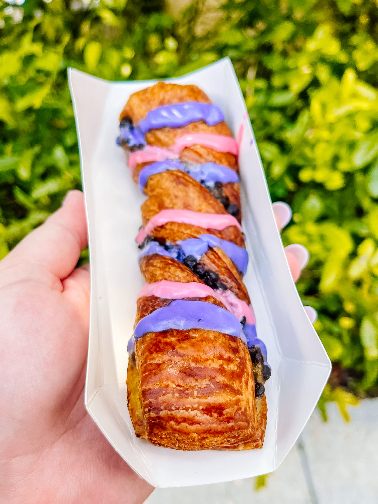 Flaky pastry with purple frosting and blueberries served in a white paper holder against a leafy green background.