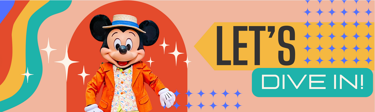 A vibrant Disney header featuring Mickey Mouse in an orange outfit against a pink background with rainbow and dot patterns.