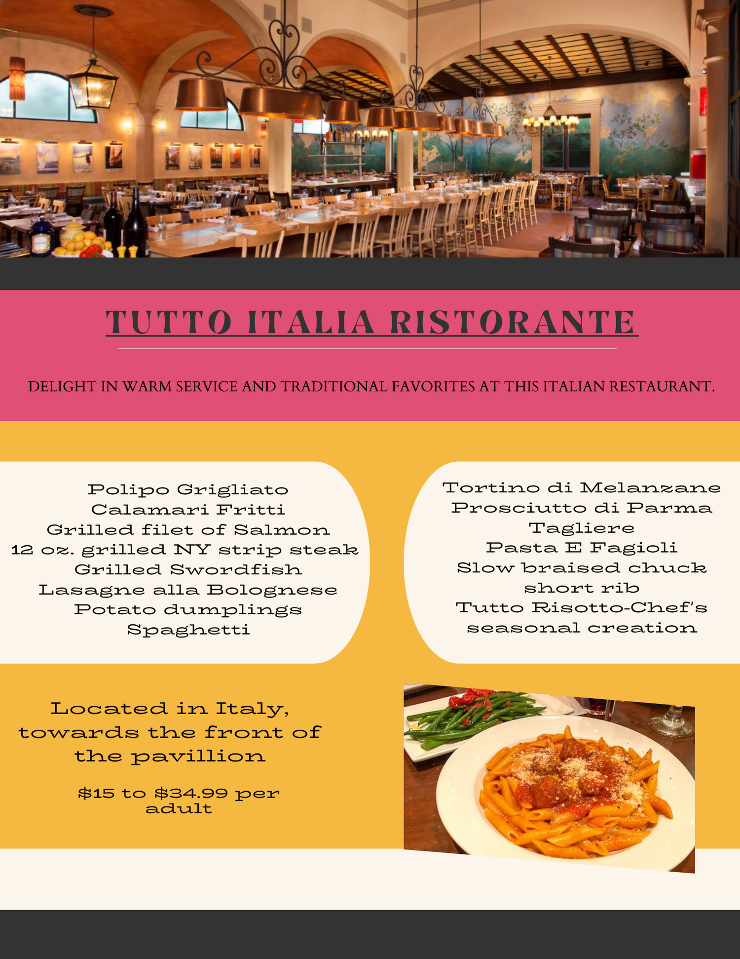 Elegant restaurant interior with chandelier lighting and menu displays showcasing Italian dishes like pasta and seafood.