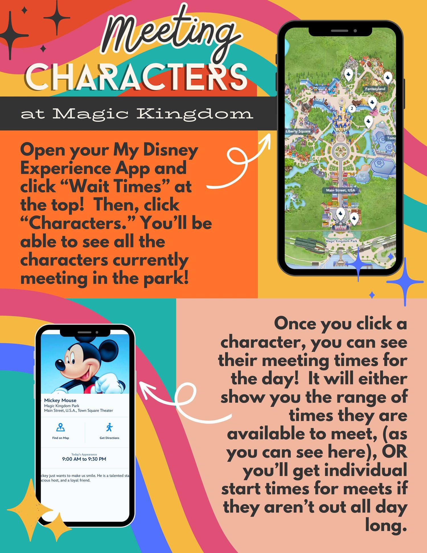 Mobile app screenshot showing how to find Disney character meeting times at Magic Kingdom using the My Disney Experience app.