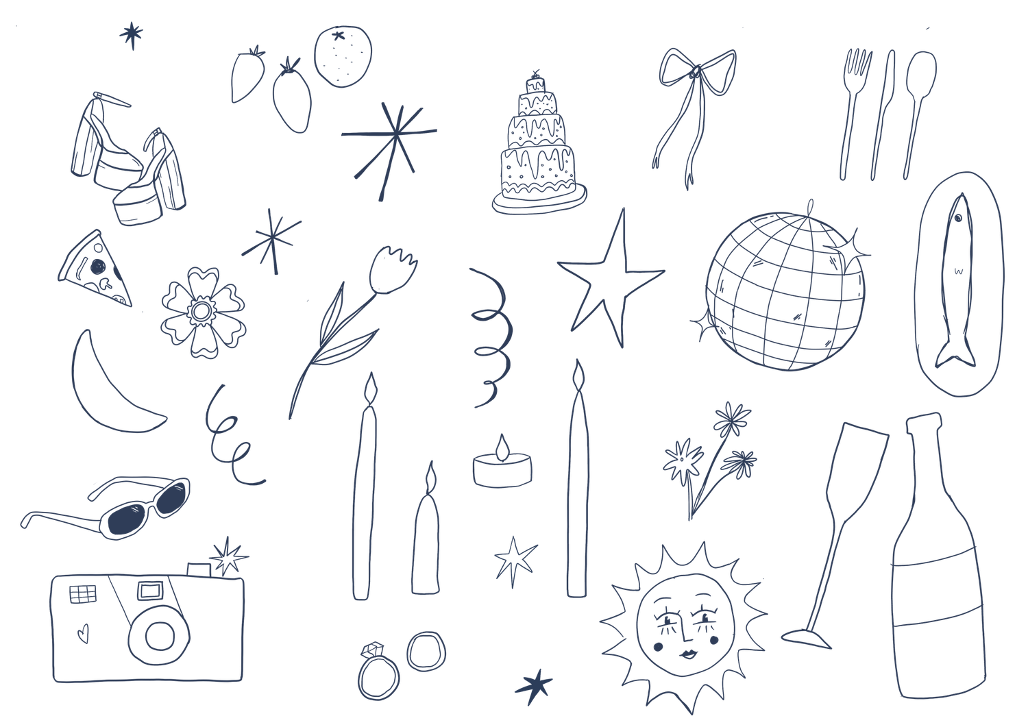 Hand-drawn doodles in blue ink featuring celestial objects, party items and symbols including stars, candles, and disco ball.